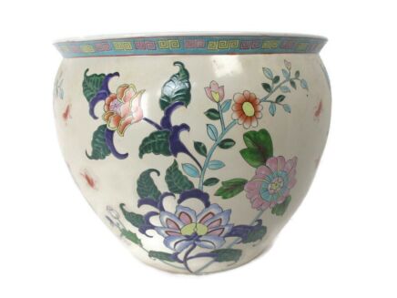 XL Vintage Chinese Porcelain Koi Fish Bowl Planter Vase Cachepot Flowers  Stunning Butterflies