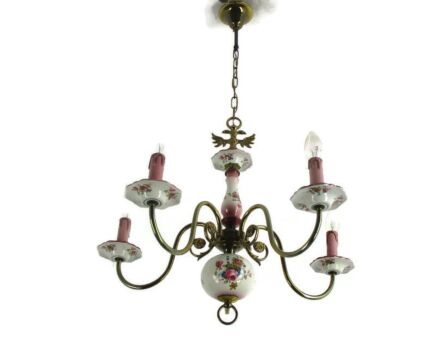Chandelier 5 Arms Lights Ceramic Porcelain Brass Italian Style RomanticFlowers