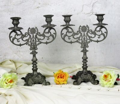 Vintage Couple pair Ornate Double Candle Holders Spelter Candelabras Candelabra