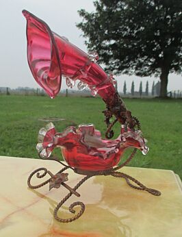 Stunning Antique Cranberry Opalescent Vaseline  Epergne Brides Basket