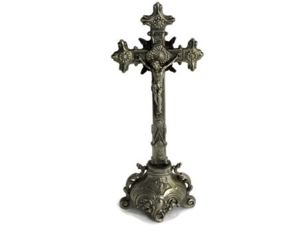 Vintage Standing Table  Crucifix Jesus Christ Cross Ornate Embossed Spelter Mid Century