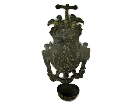 Large Brass Embossed Holy Water Font Angels Virgin Mary Infant Wall Hanging Crucifix HTF