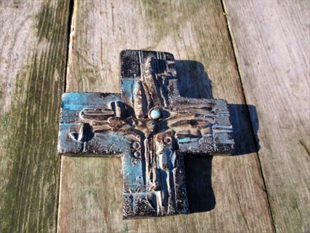 Small Mid Century Design Ceramic Modernist Crucifix Blue Glazed Rare Lovely