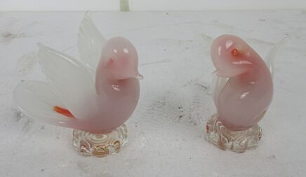 Pair Vintage 1940/50s Murano Seguso pink alabastro glass love birds doves