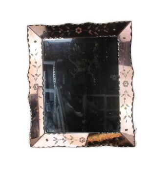 Venetian Mirror Ornate Etched Cut to Clear Glass Panels Pink Clear Art Nouveau
