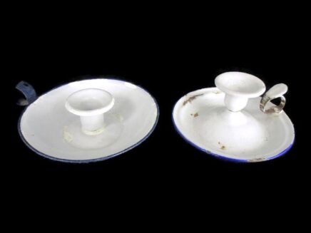 Two Vintage Enamel Candle Holders French France White Blue Rustic Barn Style