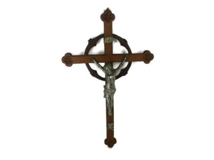 XL Hand Carved Wood Oak Hanging Ornate Church Chapel Crucifix French Fleur de Lis Faux Brass Spelter  Corpus 28.34"