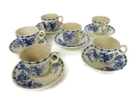 Antique Set of 6 cups and Saucers Heron Flowers Blue White HTF