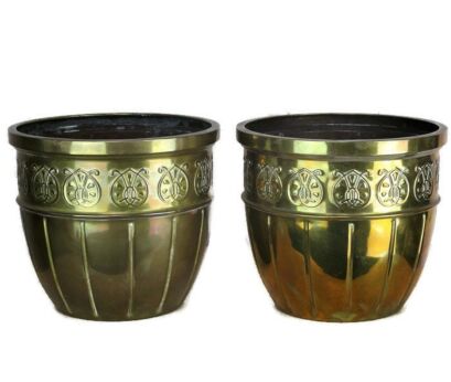 Two Vintage Brass Planters Jardinieres flower pots Ornate Embossed