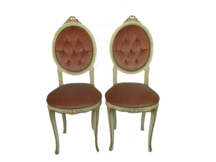 two pair couple Parlor Chairs French Provincial Hobnails Pink Fabric crackled white