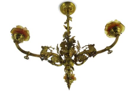 French Impressive Chandelier Bronze Doré 3 Lights Arm Ornate Deer Glass Shade