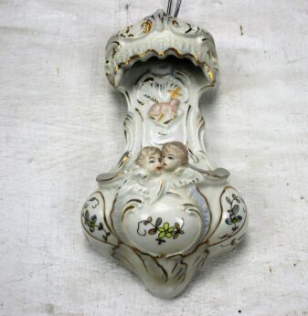 Antique French Holy Water Font Lamb of God Bisque Porcelain Angel Collector HTF