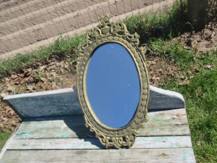Vintage Small Brass Oval Ornate Wall Hanging Mirror Hollywood Regency Style