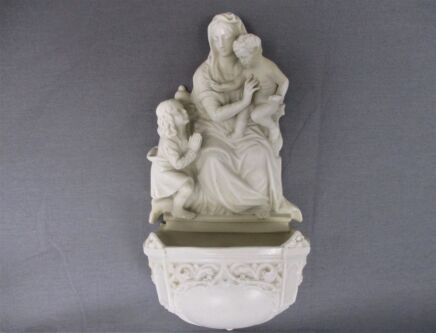 Antique French Holy Water Font Bisque Porcelain Virgin Mary Infant Jesus Angel in Adoration Stunning Collector HTF 8.66" Marked