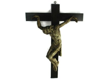 XL Wood Hanging Crucifix Plaster corpus Signed Van Der Meeren Very Dramatic