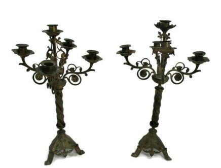 Couple Candle Holders Brass Leafs Ornate Hollywood regency Style Stylish Candelabra 5 arm
