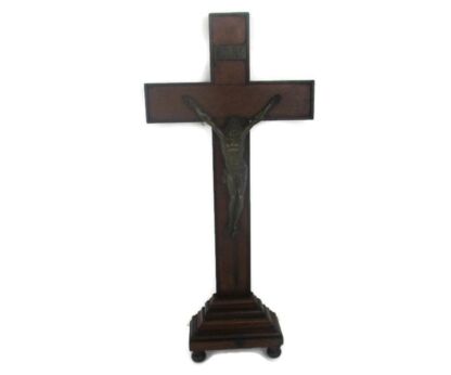 Large Standing Altar Church Chapel Crucifix Jesus Christ Cross Bronze  Corpus Hand Carved Wood Antique