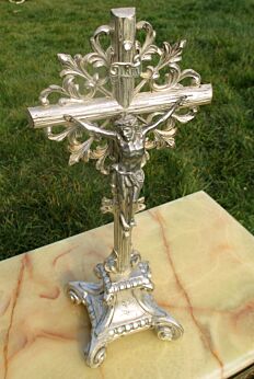 Antique Ornamental Silver Gold Metal Jesus Christ Cross Crucifix Catholic Flower