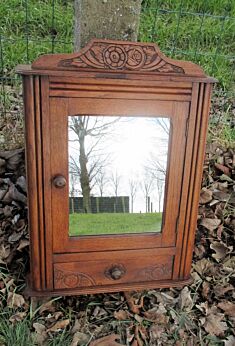 Vintage Carved Wood Medicine Wall Cabinet Glass mirror Drawer Pediment Flowers