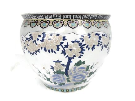 Huge Vintage Chinese Porcelain Enamel Famille Rose Koi Fish Bowl Planter Vase  Cachepot Flowers Tree Enamel  Stunning