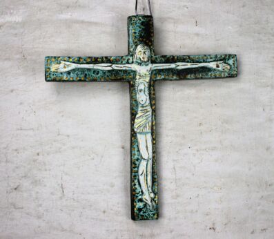 Large Mid Century Modern Ceramic Modernist Crucifix Green Era Perignem Amphora