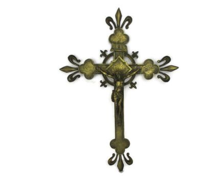 Ornate Hanging Wall Crucifix Heavy Brass Jesus Christ French Fleur de Lis gorgeous 21.06"