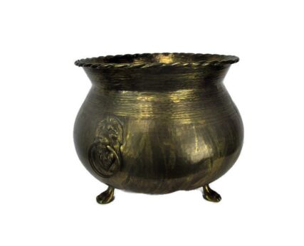 Large Planter Vintage Brass Kettle Decorative Lion Head Handles, Lion Feet