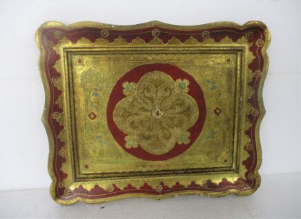 Large Mid Century Italy Hollywood Regency Florentine Serving Tray Red Pointillism Gold Wood Decoration Ornate