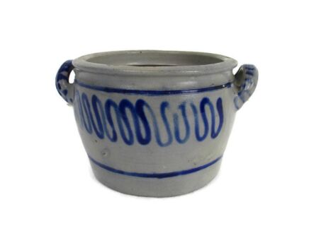 Antique French Stoneware Earthenware Crock Jar Lard Blue gray Barn Farm 6.69 "