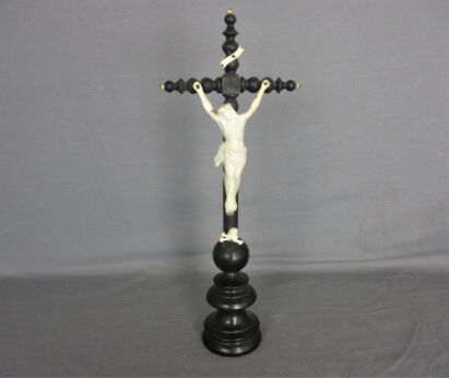 Antique Dark Carved wood Table Standing Crucifix Round Base  Bobbin  Porcelain Andenne Corpus