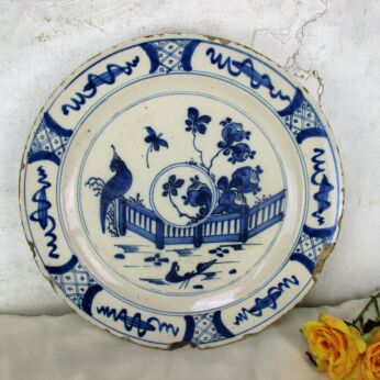 Antique 18th Century Large Delft Wall hanging Charger Plate Blue White Peacock