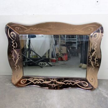Large Venetian Mirror Ornate Etched Cut to Clear Glass Pink Clear Art Nouveau