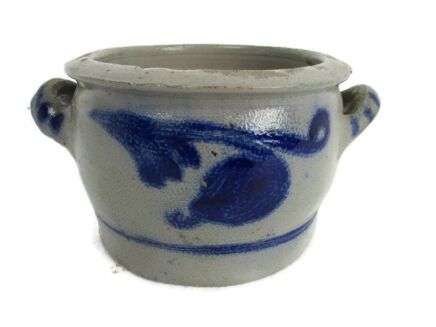 Antique French Stoneware Earthenware Crock Jar Lard Cobalt gray Barn Country