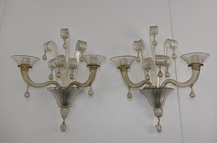 Pair Venini Vittoriale Napoleone Martinuzzi Murano Crystal Wall Sconces Signed