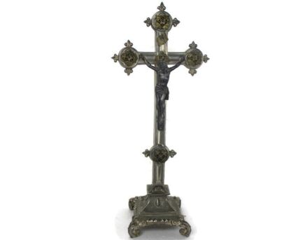French Vintage Standing Crucifix Jesus Christ Fleurs de lis Lys Spelter Ornate Brass pieces