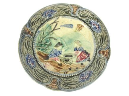 Small Plate Majolica Barbotine Children on Seesaw Wasmuel Belgium Ornate 7.87"