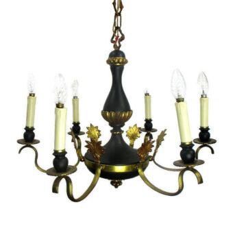 Vintage French Empire Pan Chandelier Green Tole Brass 6 arms Hollywood Regency