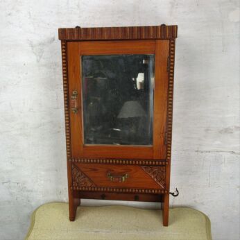 Vintage Ornate Wooden Kitchen Apothecary Wall Cabinet Beveled glass Hobnails