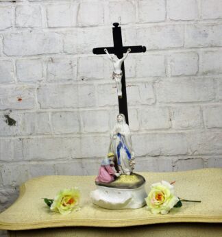 Antique Porcelain Crucifix Christ Holy Water Font Calvary Mary Magdalene WOW