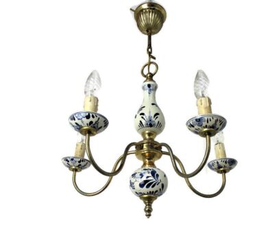 Delft Blue White Porcelain Ornate Brass Chandelier 5 Arm 5 Lights Barn Style