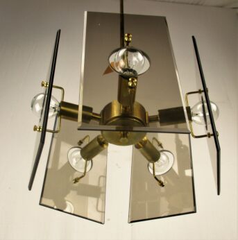Design Chandelier Gino Paroldo for Fontana Arte Brass Smoked Glass 5 Lights