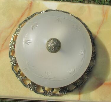 Vintage Large French Ceiling Lamp Fixture Plafonniere Brass Etched Glass