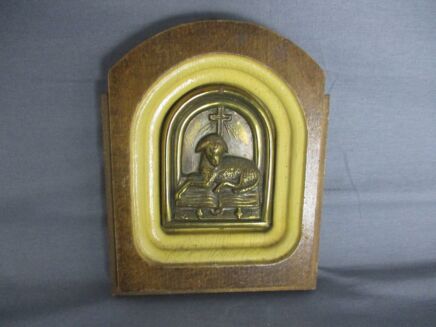 Antique Art Deco Brass in Wooden Frame Wall Hanging  Lamb of God   Agnus Dei