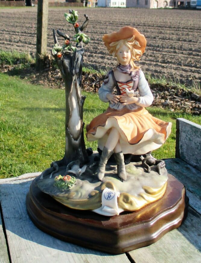 Capodimonte Figurine Signed by Sartori Girl on Tree Doves Italy
