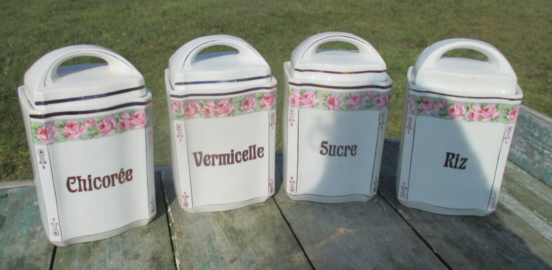 4 French Kitchen Spice Jars Containers Ceramic Porcelain Pink