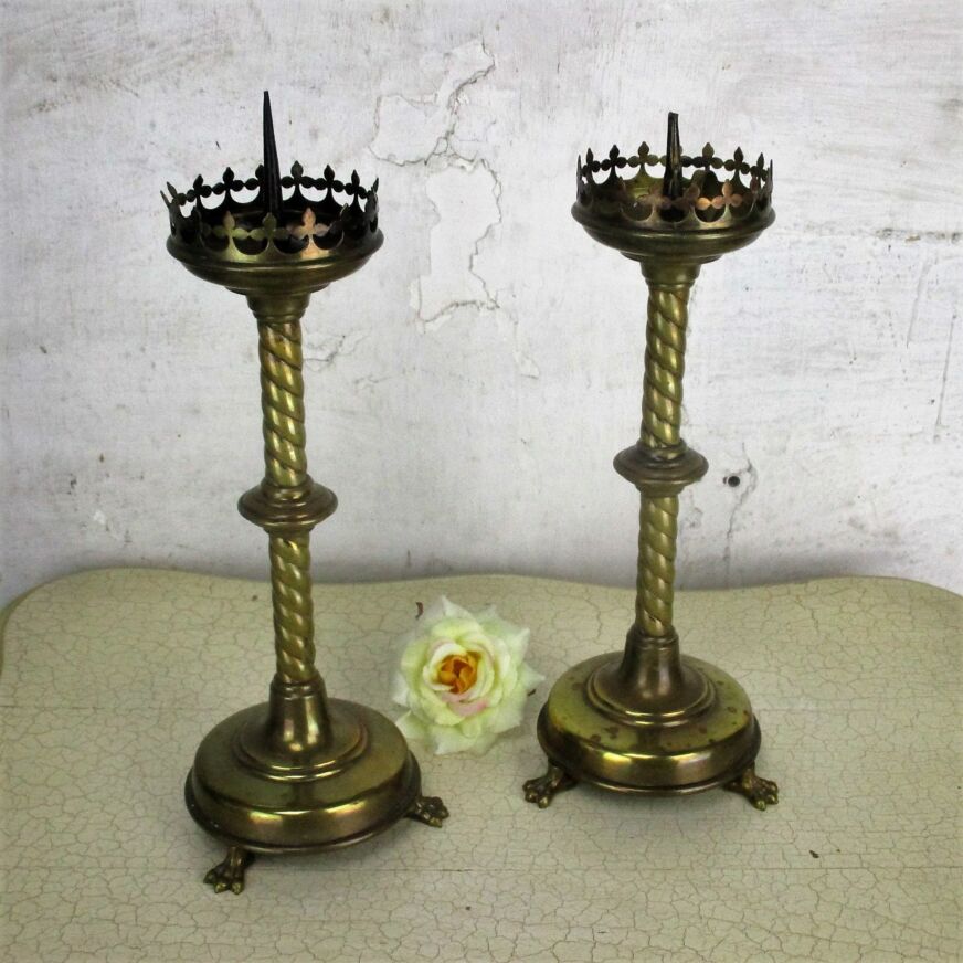 Pair Candle Holders Candlesticks Altar Twisted Stem Brass Claw Feet Neo  Gothic - Collectors in the House