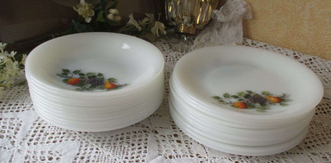Lot Vintage 7 Coupelles Arcopal - Motif Fruits Du Verger, Verre Coloré