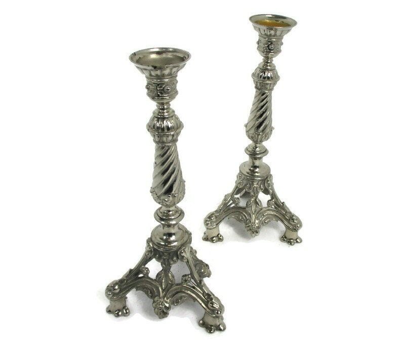 Pair Couple Gothic Candle Holders Candlesticks Lion Feet Ornate Embossed  Spelter Lion Claws Silver Colored - Collectors in the House