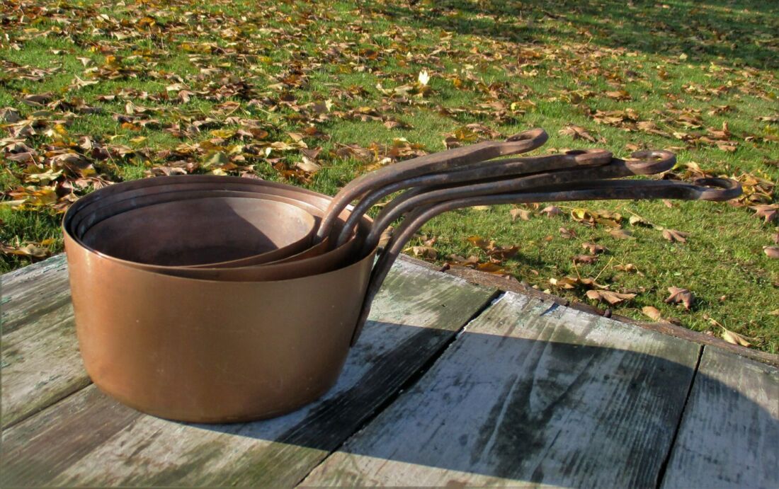 French Vintage set of 4 Small Red Copper Frying Sauce Pan Skillets  Decorative - Collectors in the House