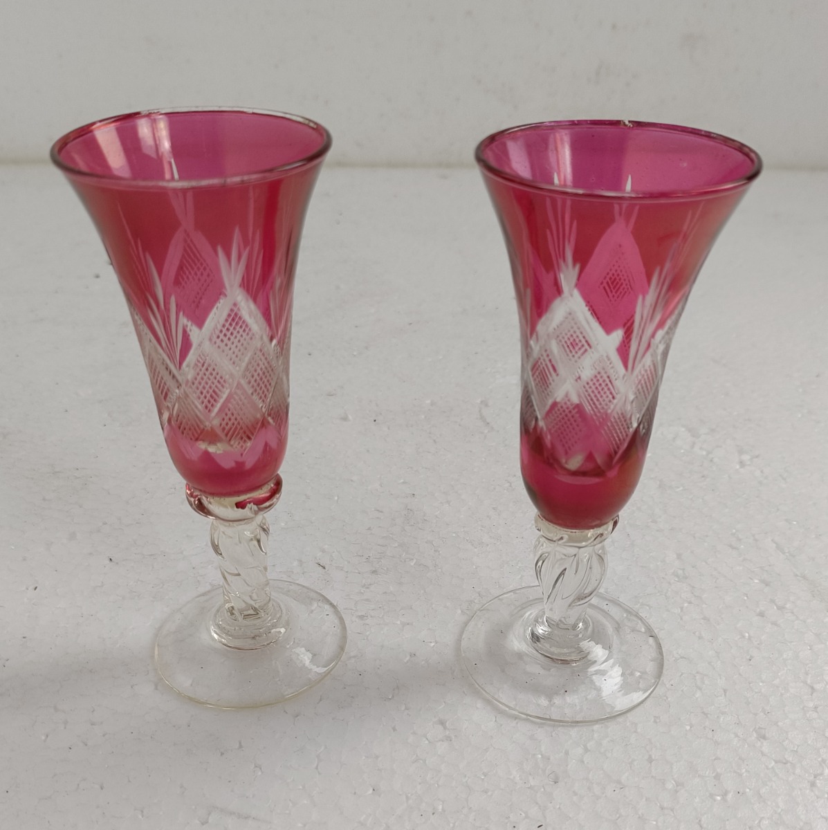 Two Antique Glasses Bohemian hand blown glass, cut to clear etched